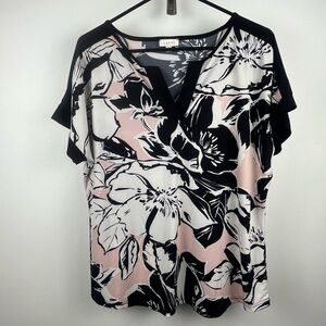 Laura Floral V-Neck Blouse Short Sleeve Pink Black White Size L
